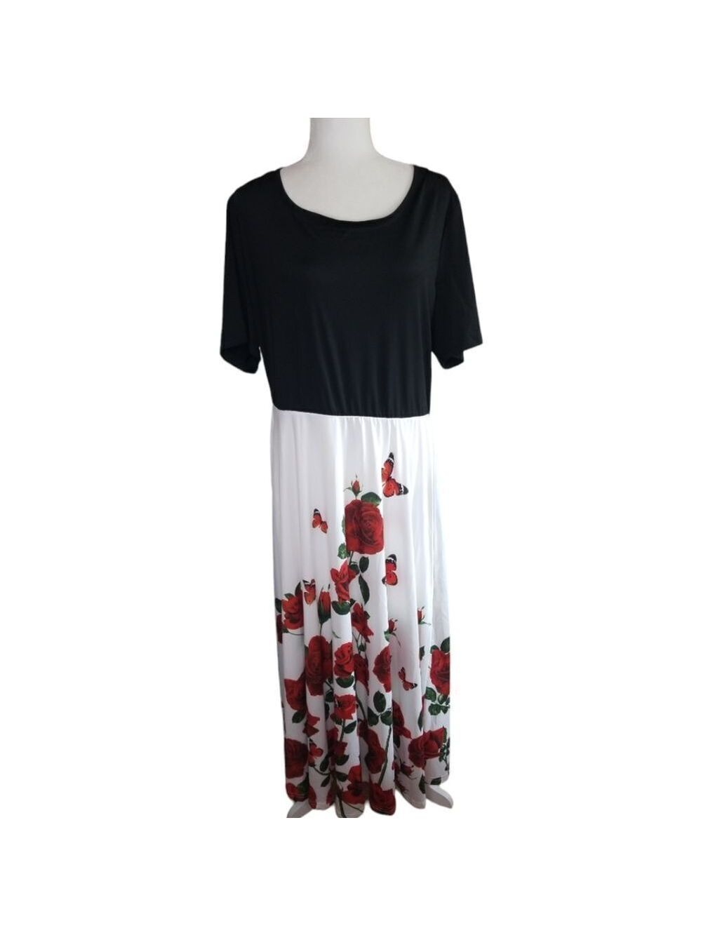 Shein Maxi Black Top White Red Rose's Bottom Size 4XL - Picture 7 of 7